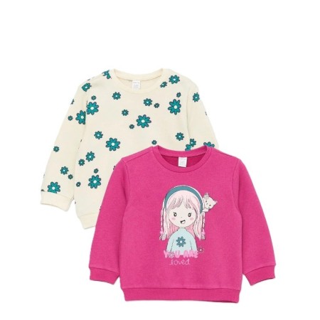 LC Waikiki Bisiklet Yaka Uzun Kollu Baskılı Kız Bebek Sweatshirt 2'li